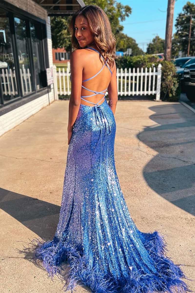 Blue Sequin Feather Lace-Up Back Mermaid Long Prom Dress with Slit