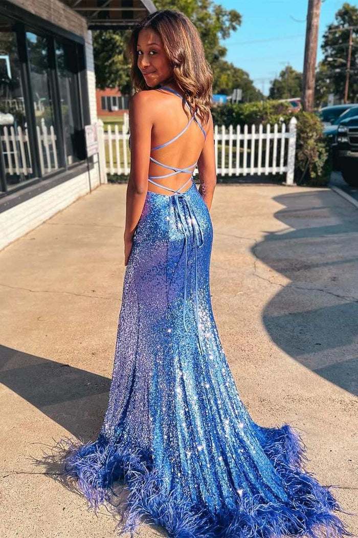 Blue Sequin Feather Lace-Up Back Mermaid Long Prom Dress with Slit