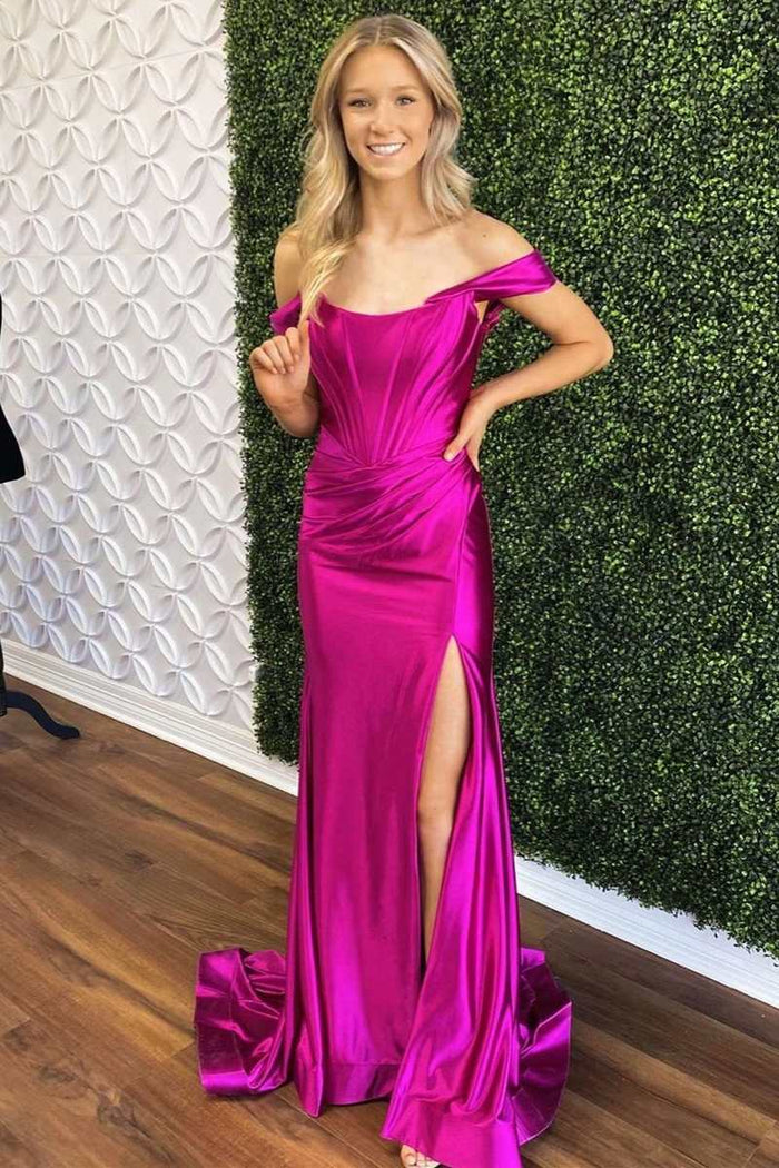 Magenta Satin Off-the-Shoulder Mermaid Long Formal Dress with Slit
