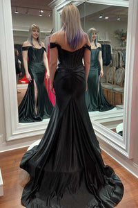 Magenta Satin Off-the-Shoulder Mermaid Long Formal Dress with Slit