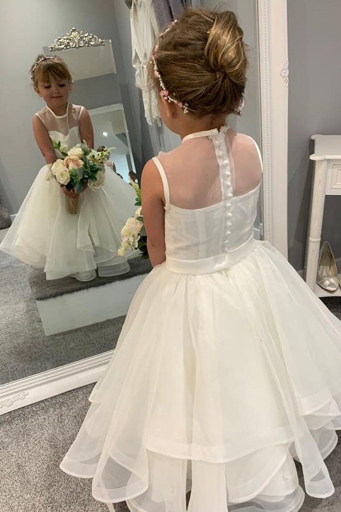 White Illuison Neck Sleeveless Multi-Layers Long Flower Girl Dress with Buttons