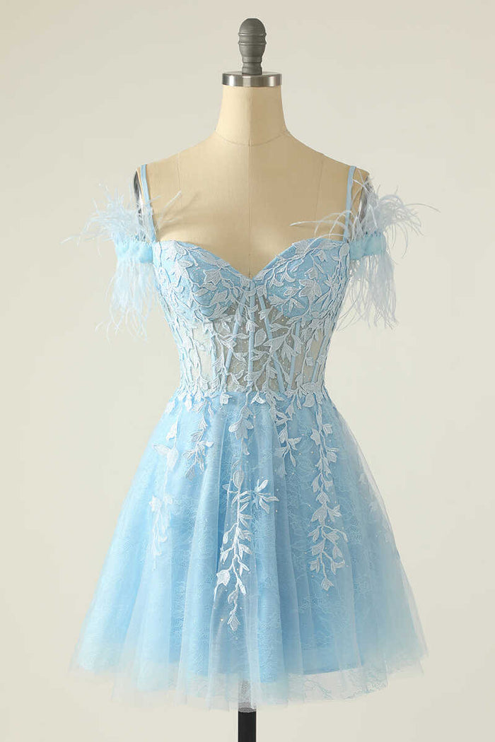 Light Blue Appliques Cold-Shoulder A-Line Short Homecoming Dress