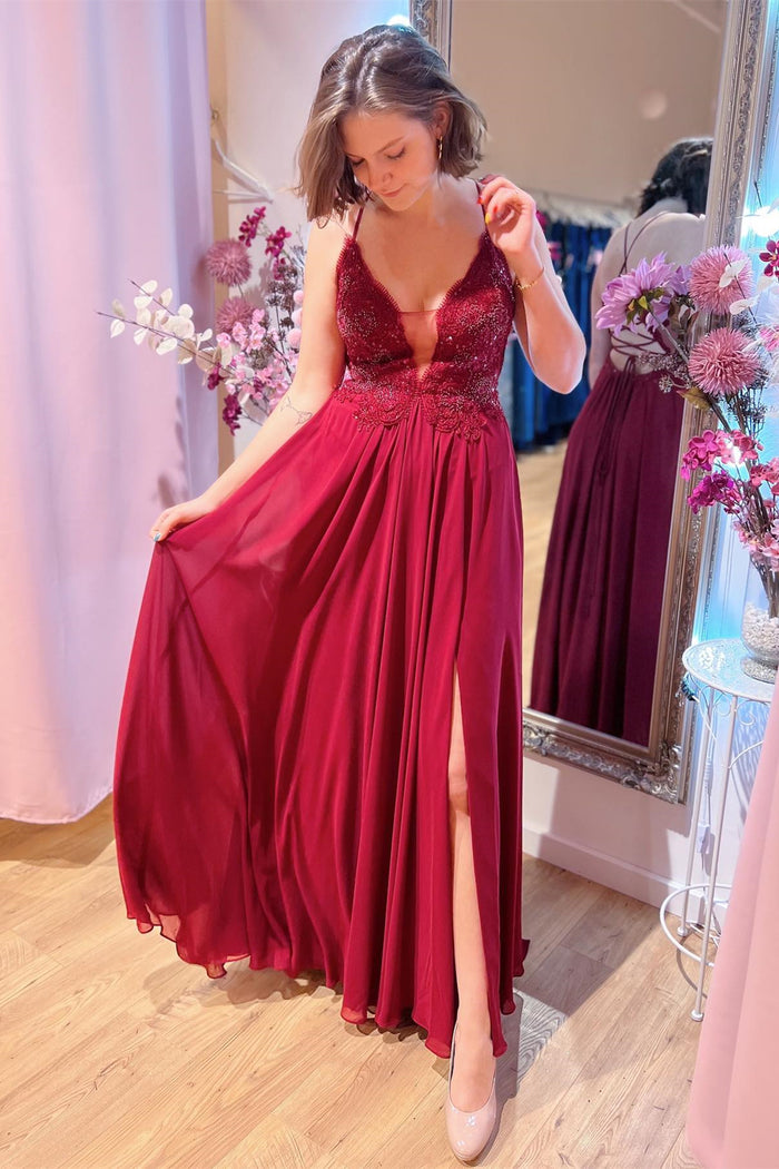 Red Plunging V Neck Lace-Up Back Beaded Appliques Long Prom Dress with Slit