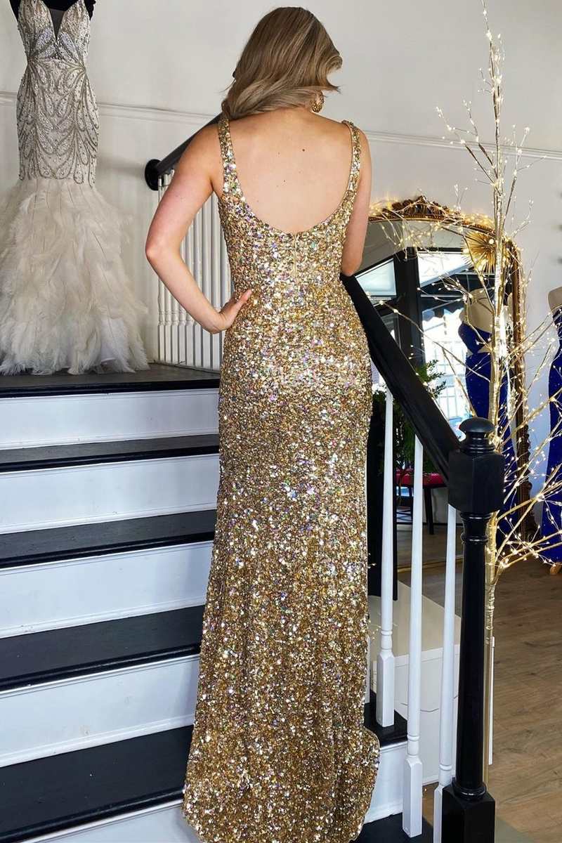 Gold open back outlet prom dress