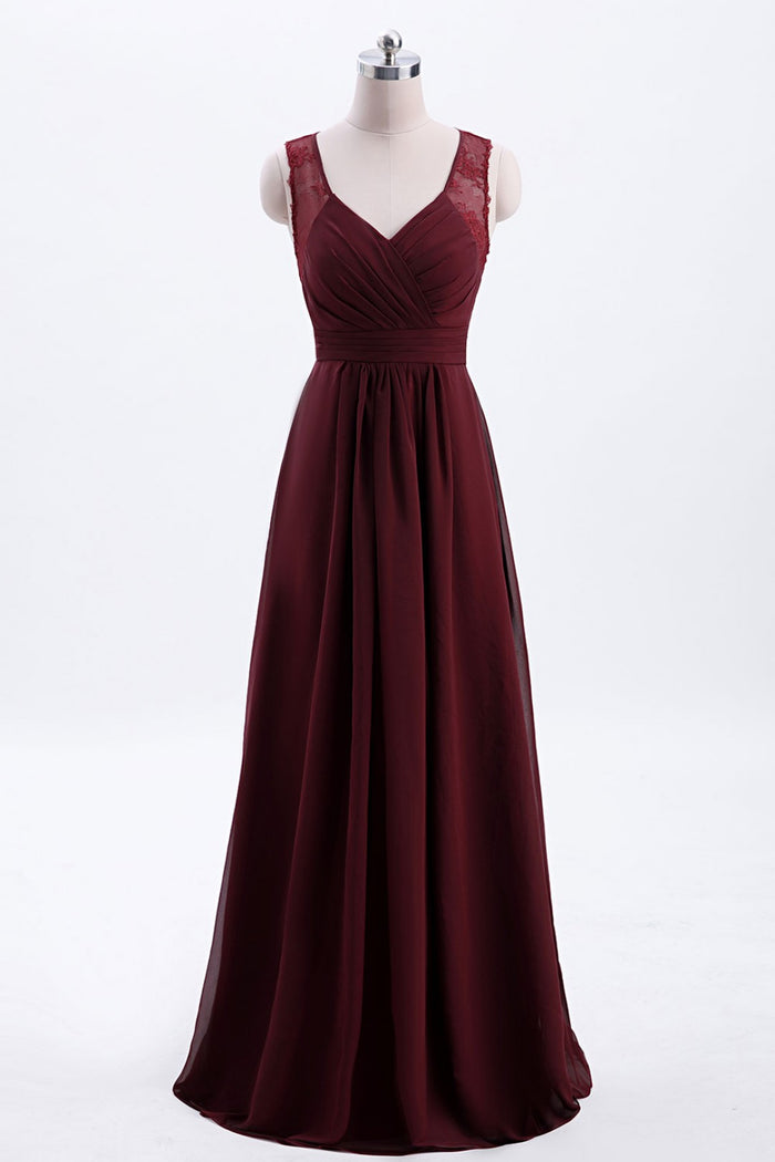 Burgundy Chiffon A-line Pleated Long Bridesmaid Dress