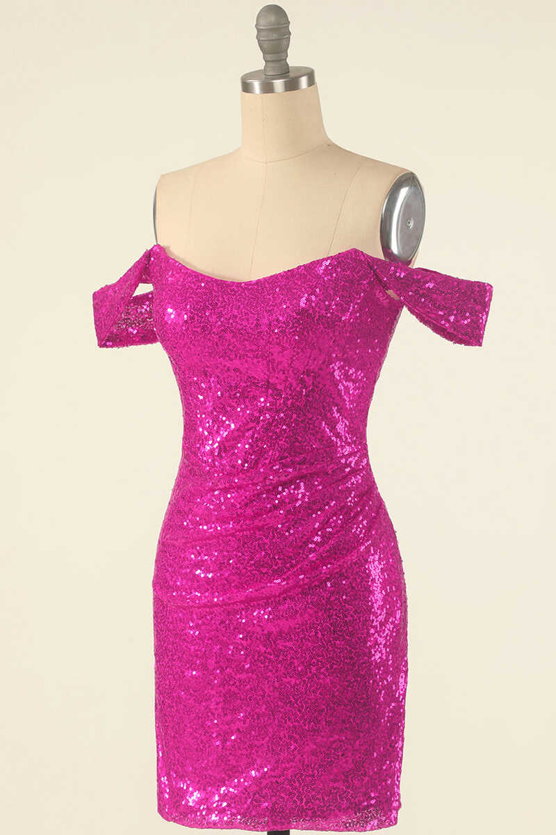 Neon Pink Sequins Off-the-Shoulder Mini Homecoming Dress