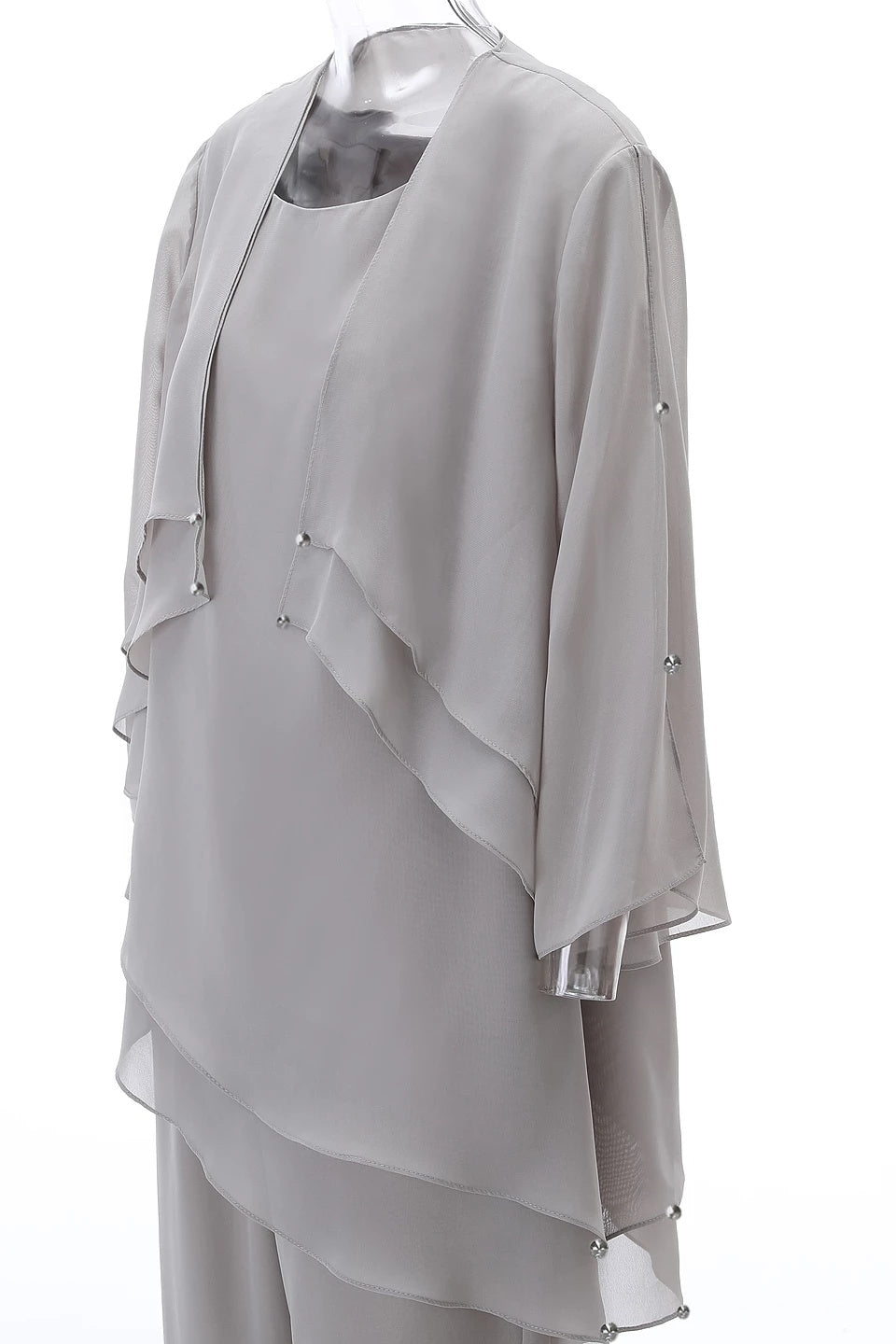 Grey Ruffles Round Neck Mother of the Bride Pant Suits