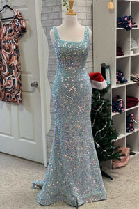 Light Blue Iridescent Sequin Square Neck Mermaid Long Formal Dress