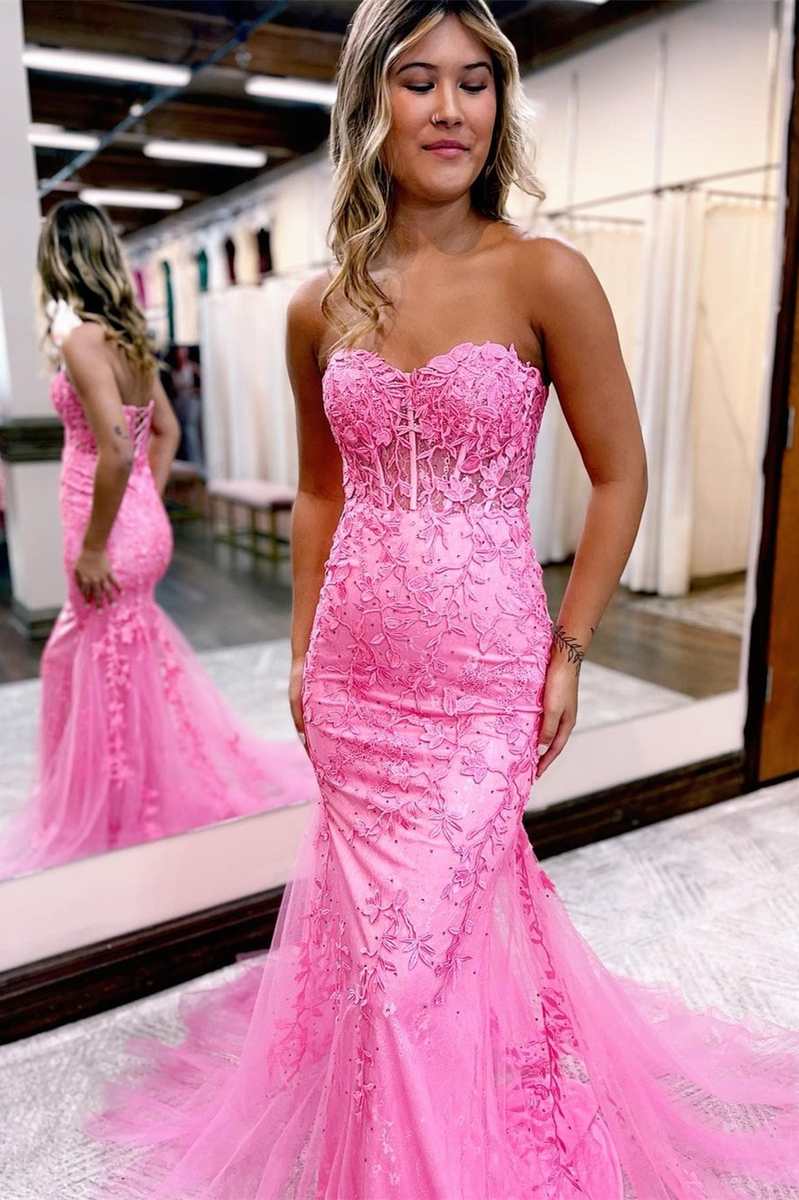 Hot Pink Appliques Sweetheart Trumpet Long Prom Gown