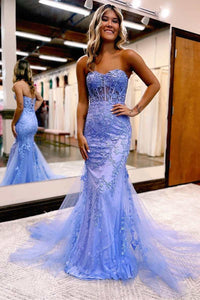 Hot Pink Appliques Sweetheart Trumpet Long Prom Gown