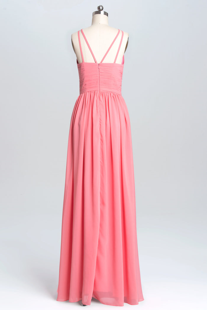 Coral Double Straps Pleated A-line Bridesmaid Dress