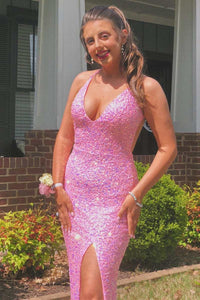 Pink Iridescent Sequin V-Neck Mermaid Long Prom Dress with Slit