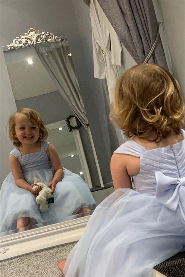 Light Blue Beaded Straps Pleated Long Flower Girl Dress with Bow