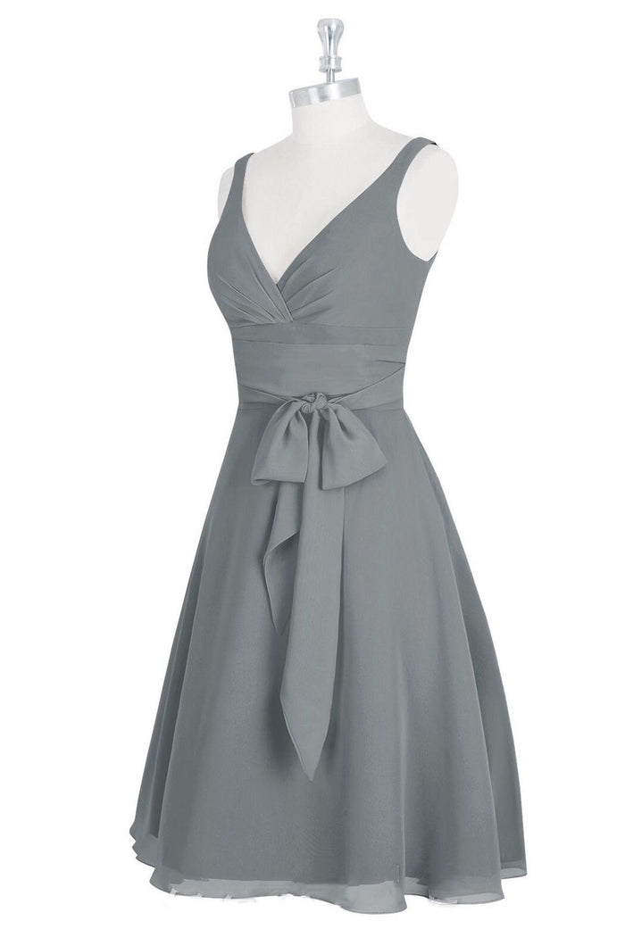 Grey Chiffon V-Neck Tie Front A-Line Short Bridesmaid Dress