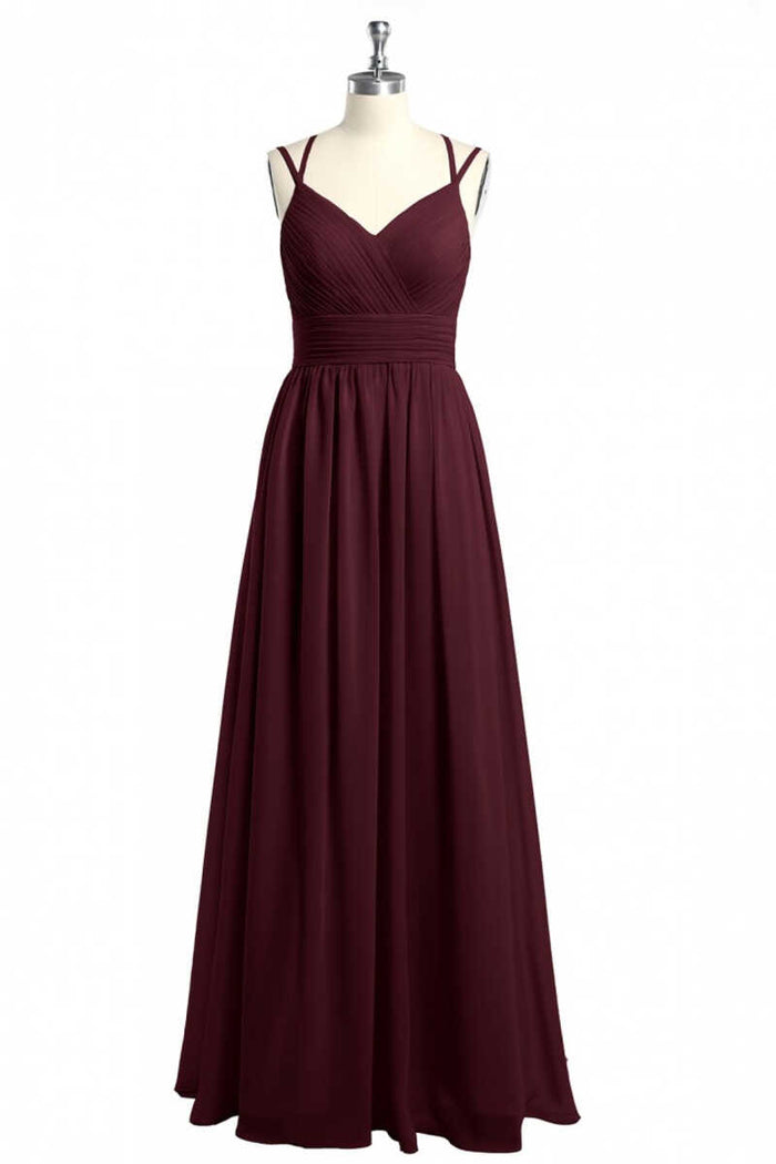 Burgundy Chiffon Spaghetti Straps A-line Long Bridesmaid Dress