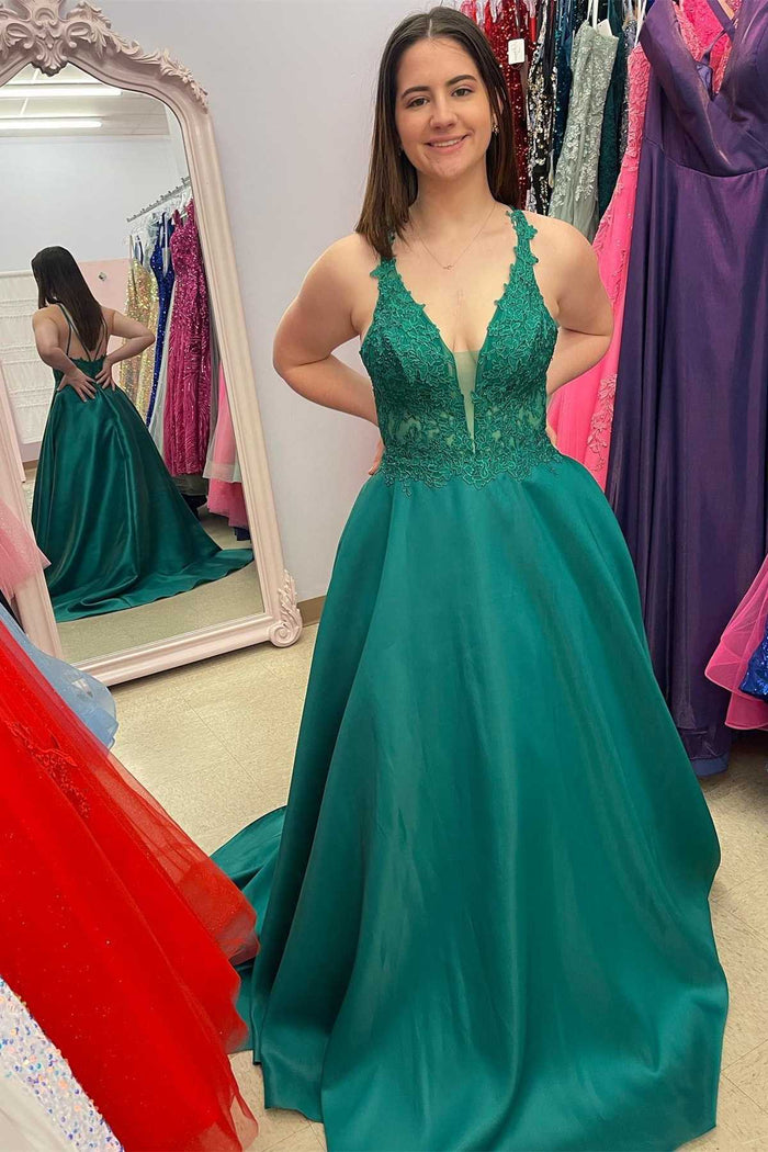 Green Lace V-Neck A-Line Long Prom Dress with Pockets