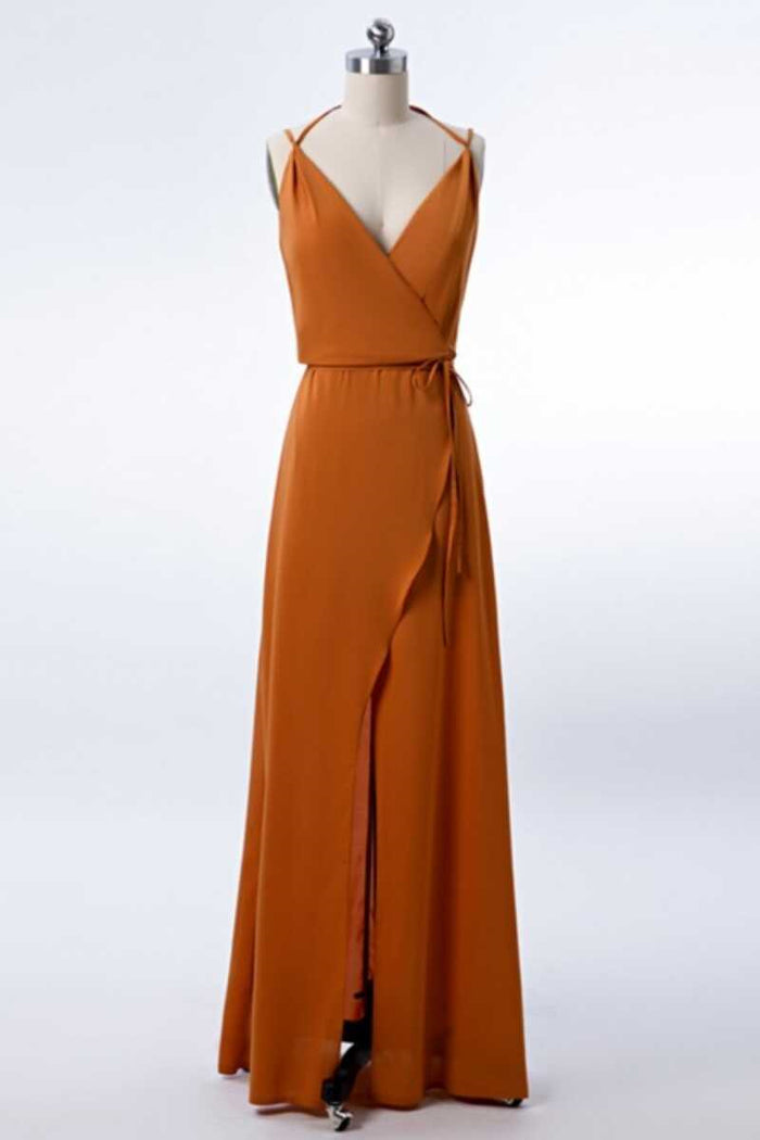 Burnt Orange Spaghetti Straps Long Bridesmaid Dress with Slit