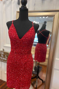 Green Sequin V-Neck Open Back Short Cocktail Dress