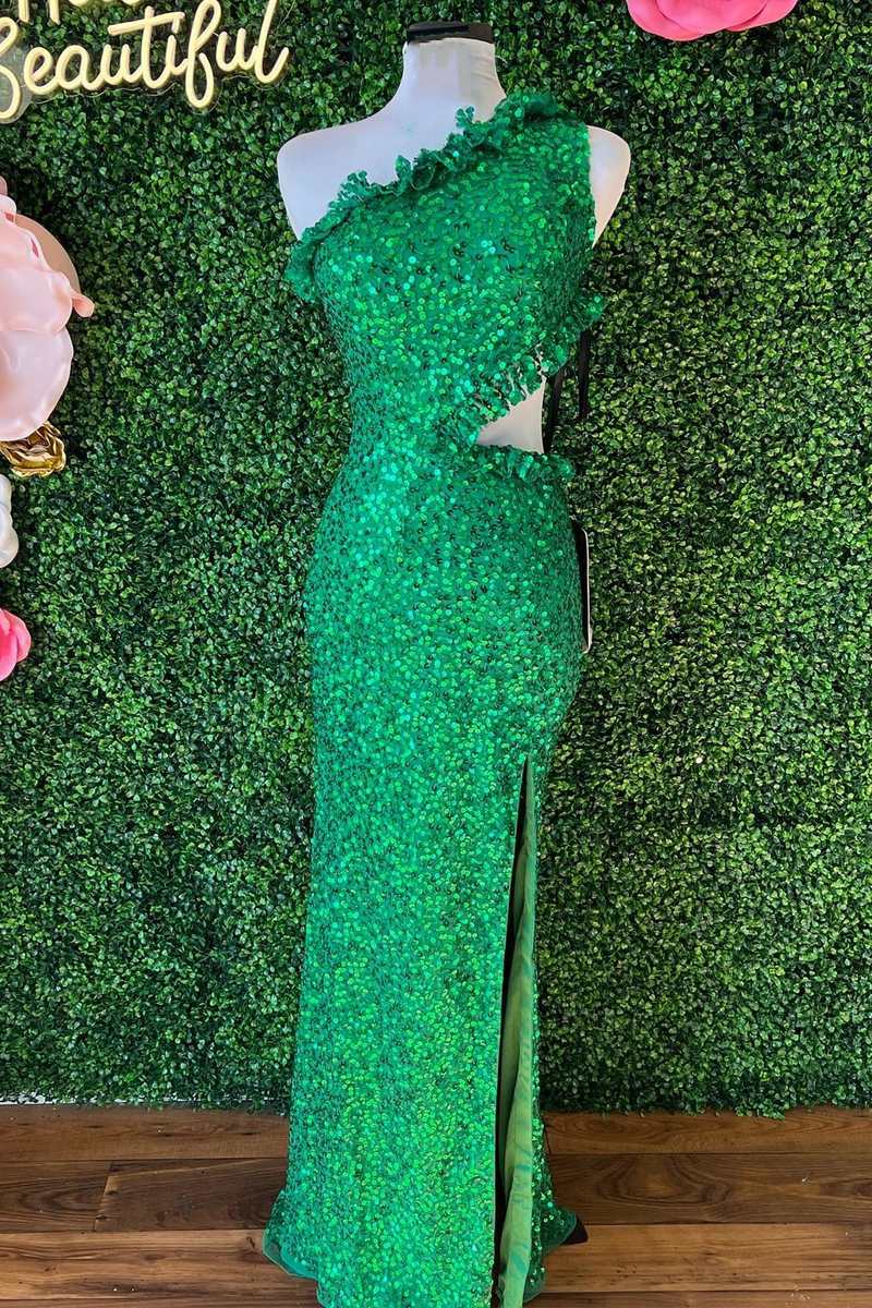 One-Shoulder Sequin Ruffles Cutout Long Prom Dress with Slit