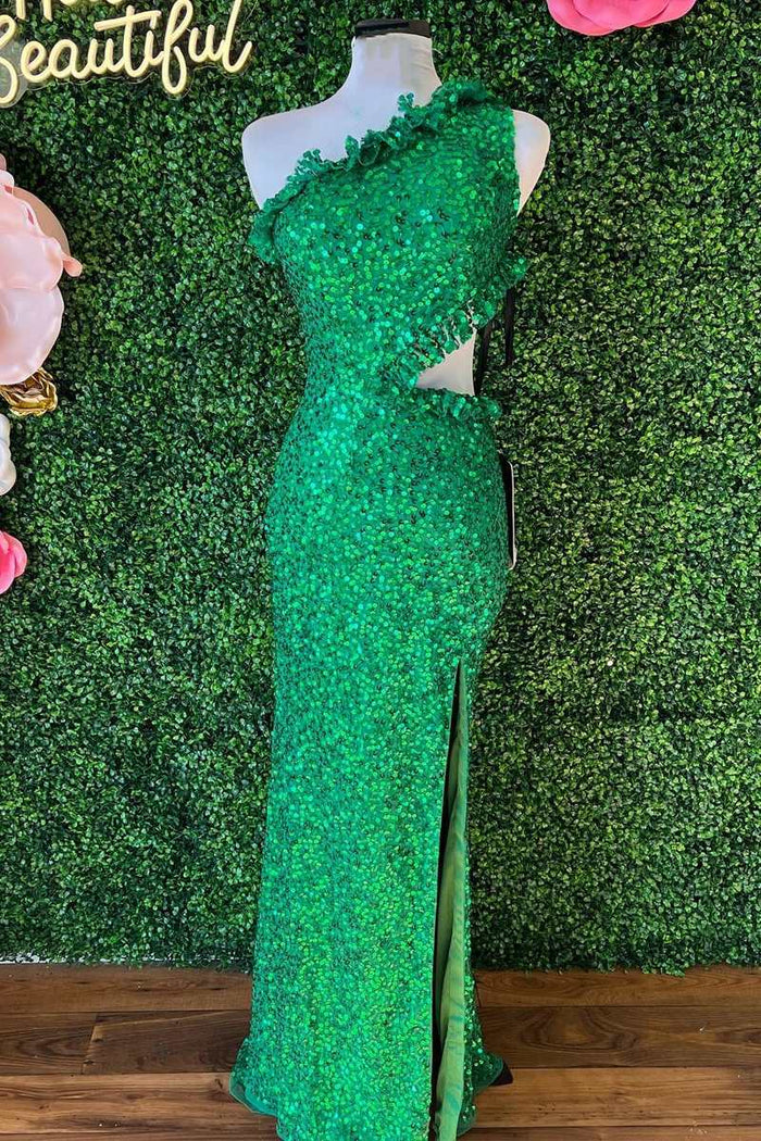 One-Shoulder Sequin Ruffles Cutout Long Prom Dress with Slit