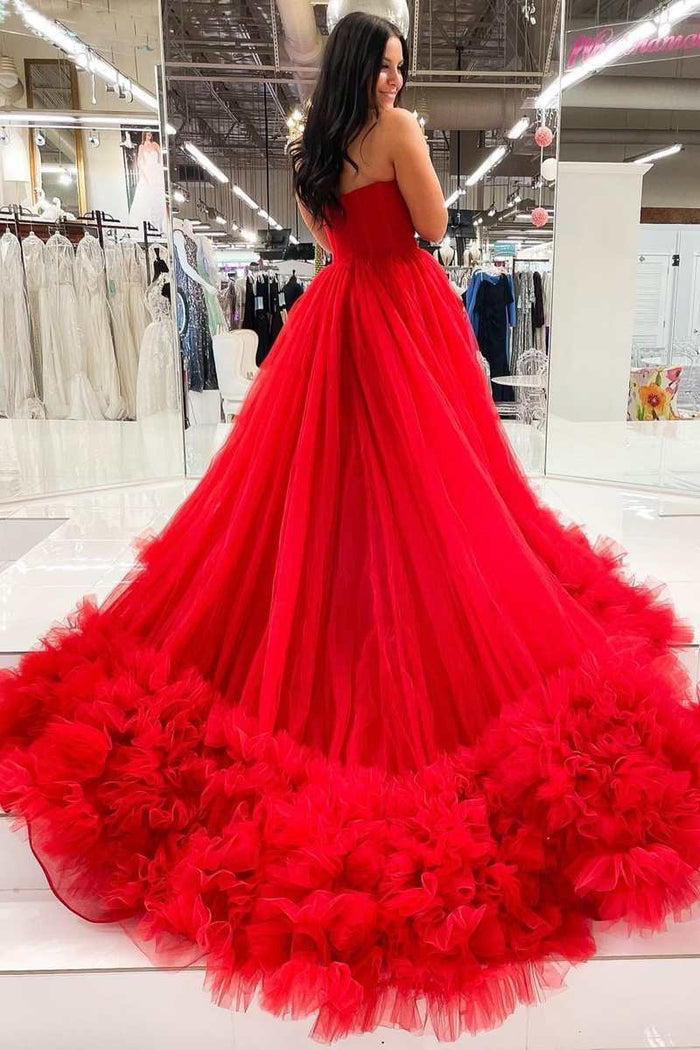 Red Sweetheart A-Line Long Prom Gown with Ruffles