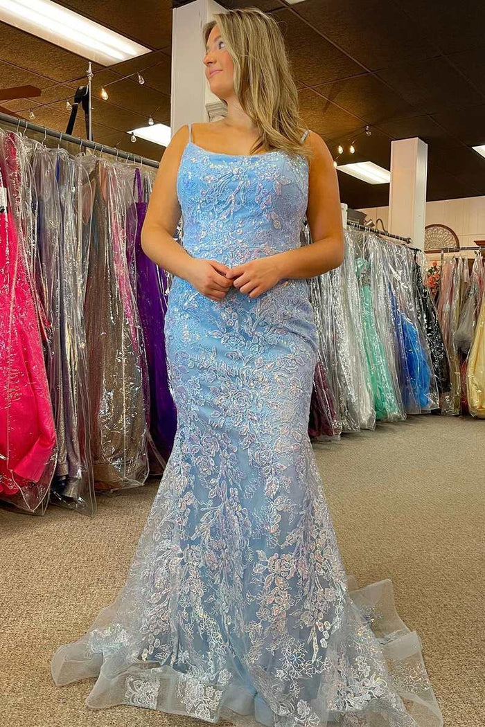 Light Blue Appliques Lace-Up Back Mermaid Long Prom Dress