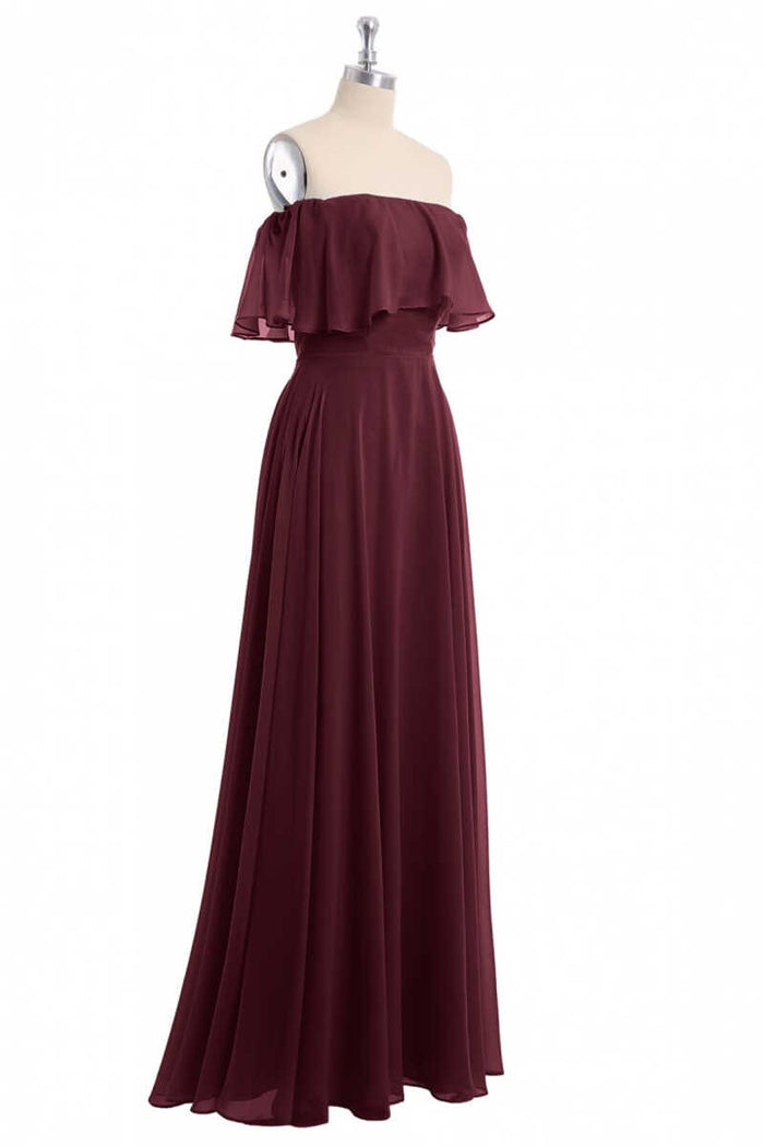 Burgundy Chiffon Strapless Ruffled A-Line Long Bridesmaid Dress