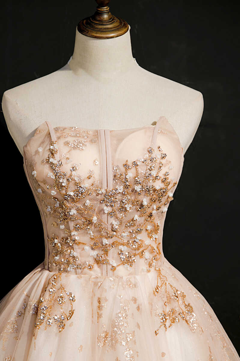 Champagne Beaded Strapless Lace-Up Short Homecoming Dress