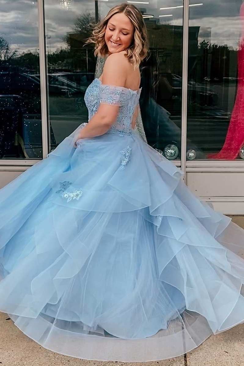 Light Blue Tulle Off-the-Shoulder Tiered A-Line Prom Dress