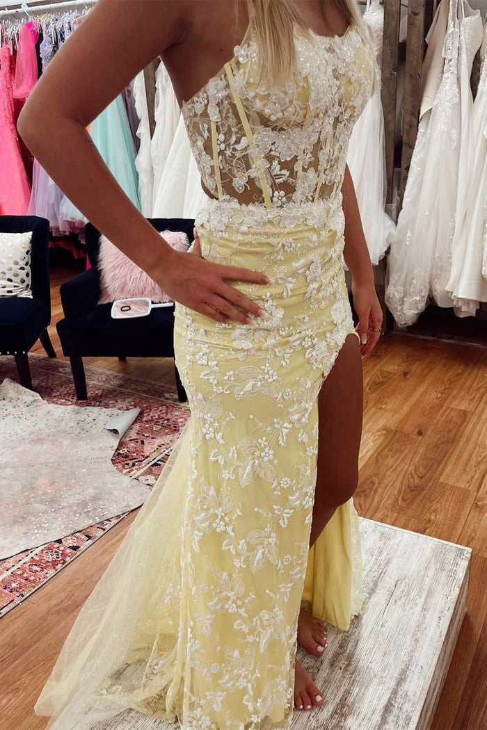 Yellow Floral Lace Backless Mermaid Long Prom Gown with Slit