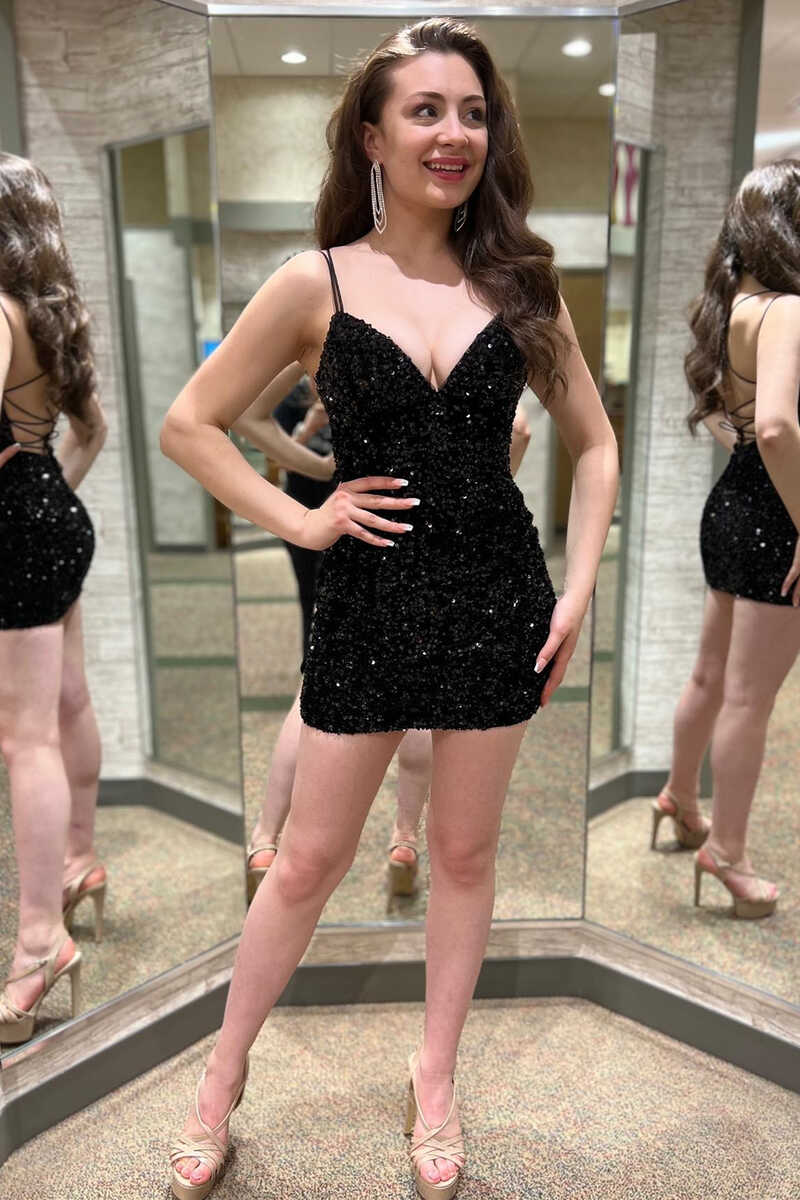 Sequin V-Neck Lace-Up Bodycon Mini Homecoming Dress