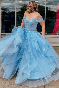 Light Blue Tulle Off-the-Shoulder Tiered A-Line Prom Dress