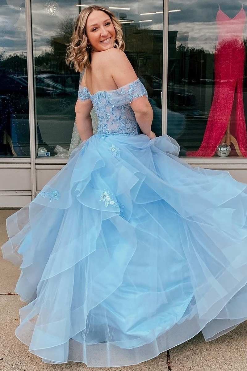 Light Blue Tulle Off-the-Shoulder Tiered A-Line Prom Dress