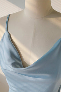 Ice Blue Cowl Neck Mid-Calf Length Bridesmaid Dress