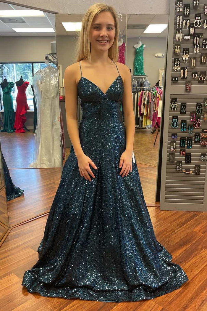 Indigo Sequin V-Neck Lace-Up A-Line Prom Dress