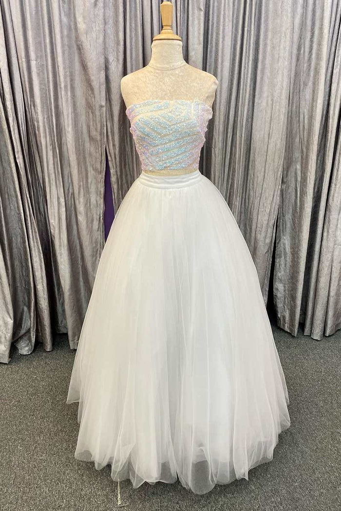 Two-Piece Silver Sequin A-Line Prom Dress