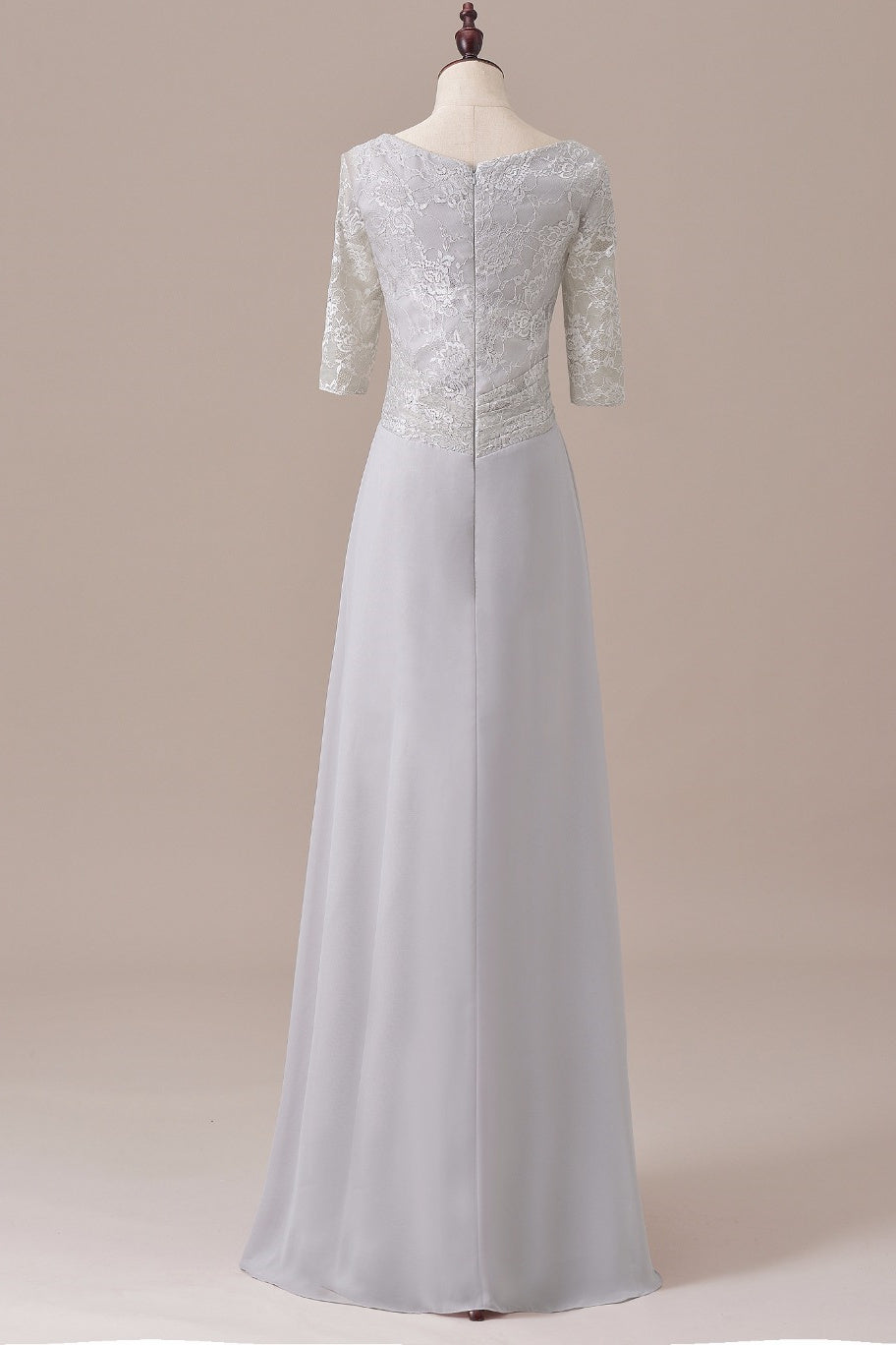 Grey Lace Ruched Side Half Sleeve Long Mother of the Bride Dress