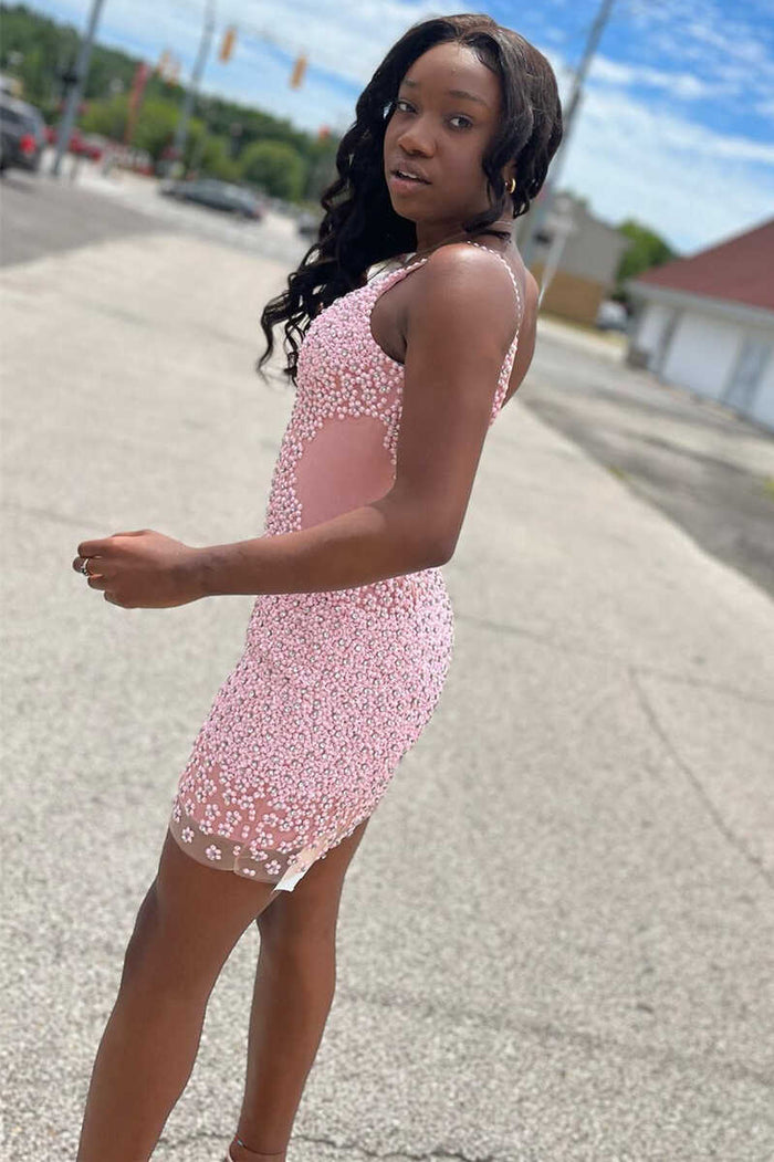 Pink Beaded V-Neck Bodycon Short Party Dress