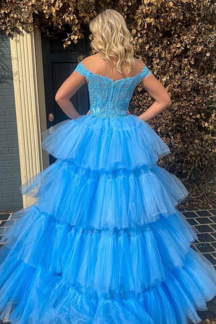 Blue Tulle Lace Off-the-Shoulder High-Low Tiered Prom Dress