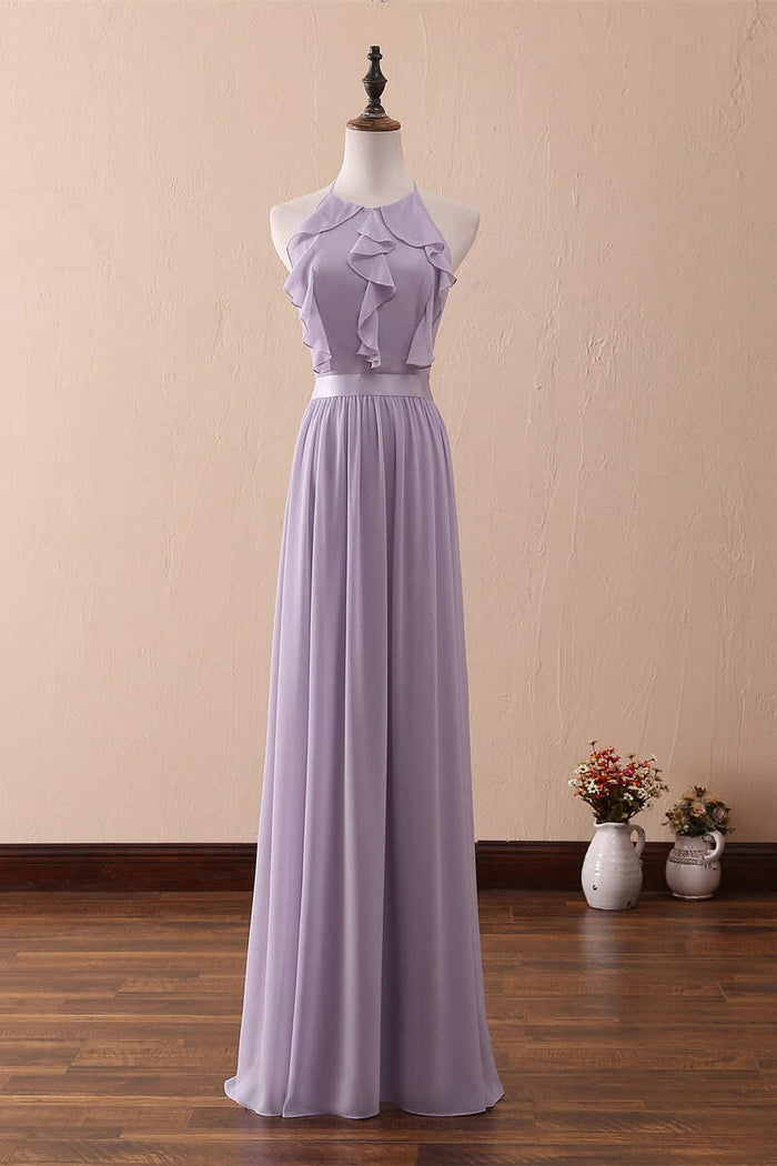 Lilac Halter Open Back Ruffled Long Bridesmaid Dress