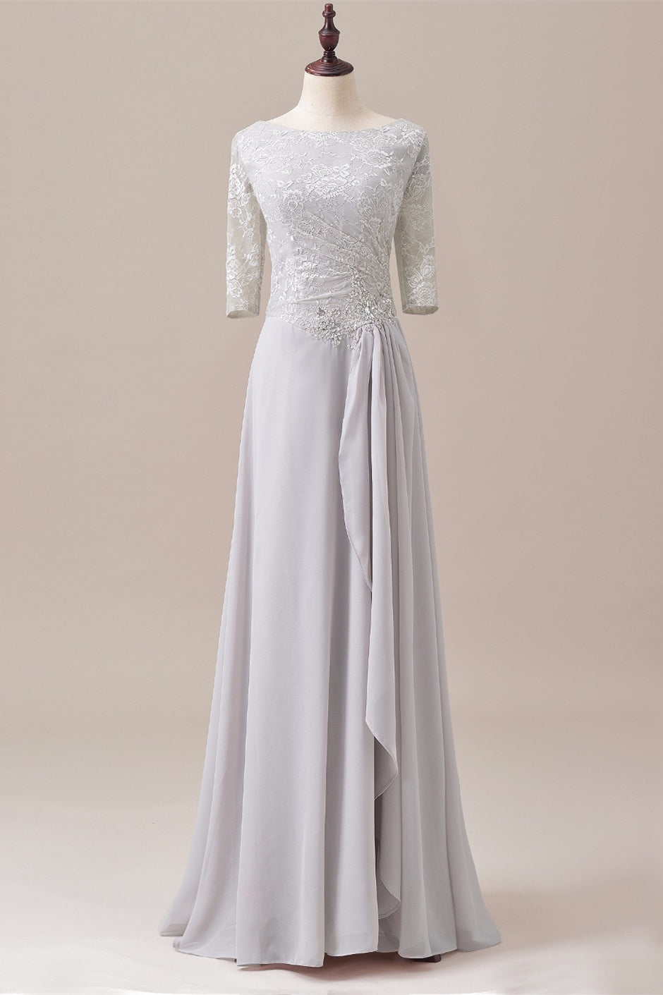 Grey Lace Ruched Side Half Sleeve Long Mother of the Bride Dress