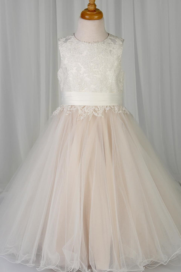 Blush Pink Sleeveless Appliques Long Flower Girl Dress with Bow Tie back Sash