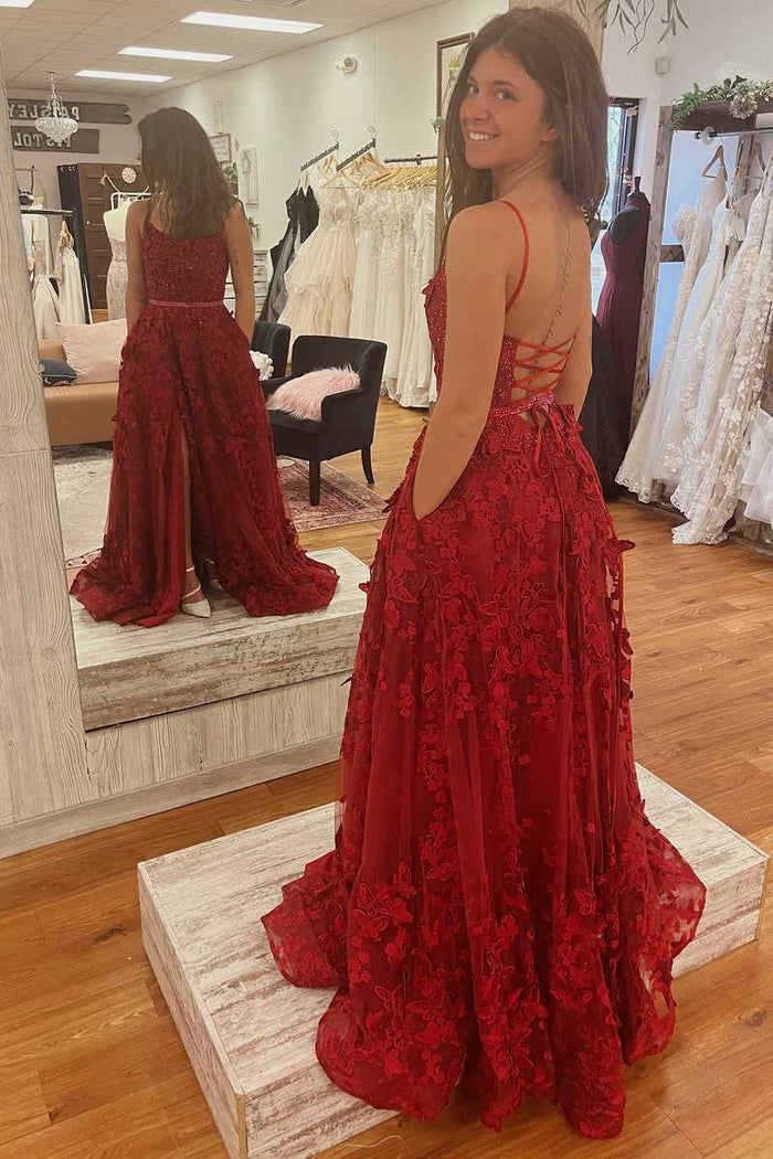 Red Appliques Round Neck Lace-Up A-Line Prom Gown with Slit