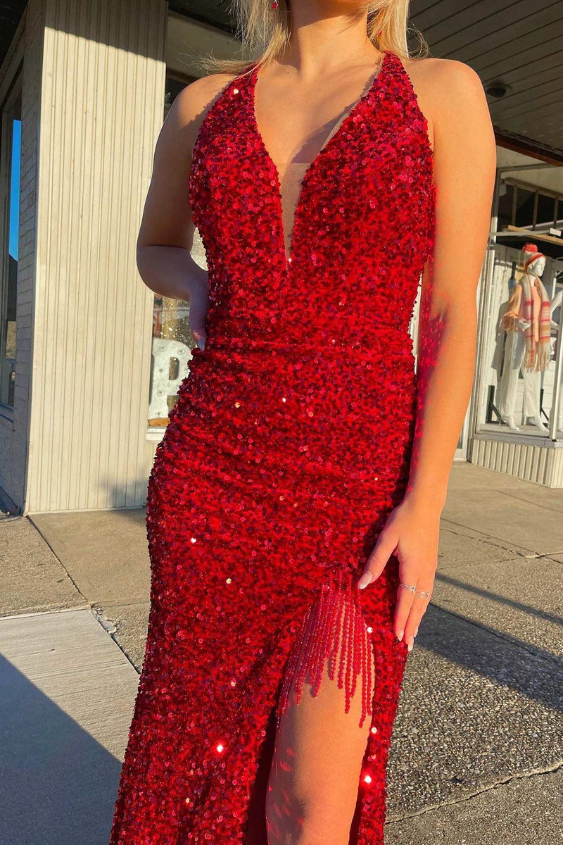 Red Sequin Fringe Mermaid Long Prom Dress with Slit