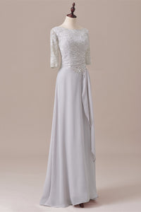 Grey Lace Ruched Side Half Sleeve Long Mother of the Bride Dress