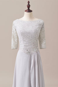 Grey Lace Ruched Side Half Sleeve Long Mother of the Bride Dress