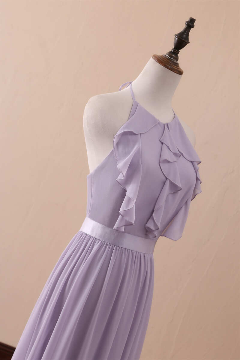 Lilac Halter Open Back Ruffled Long Bridesmaid Dress