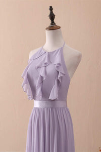 Lilac Halter Open Back Ruffled Long Bridesmaid Dress