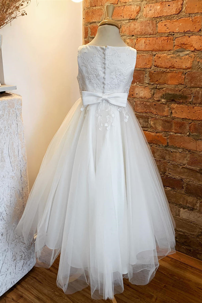 White Beaded Appliques Sleeveless Buttons Long Flower Girl Dress with Bow Sash