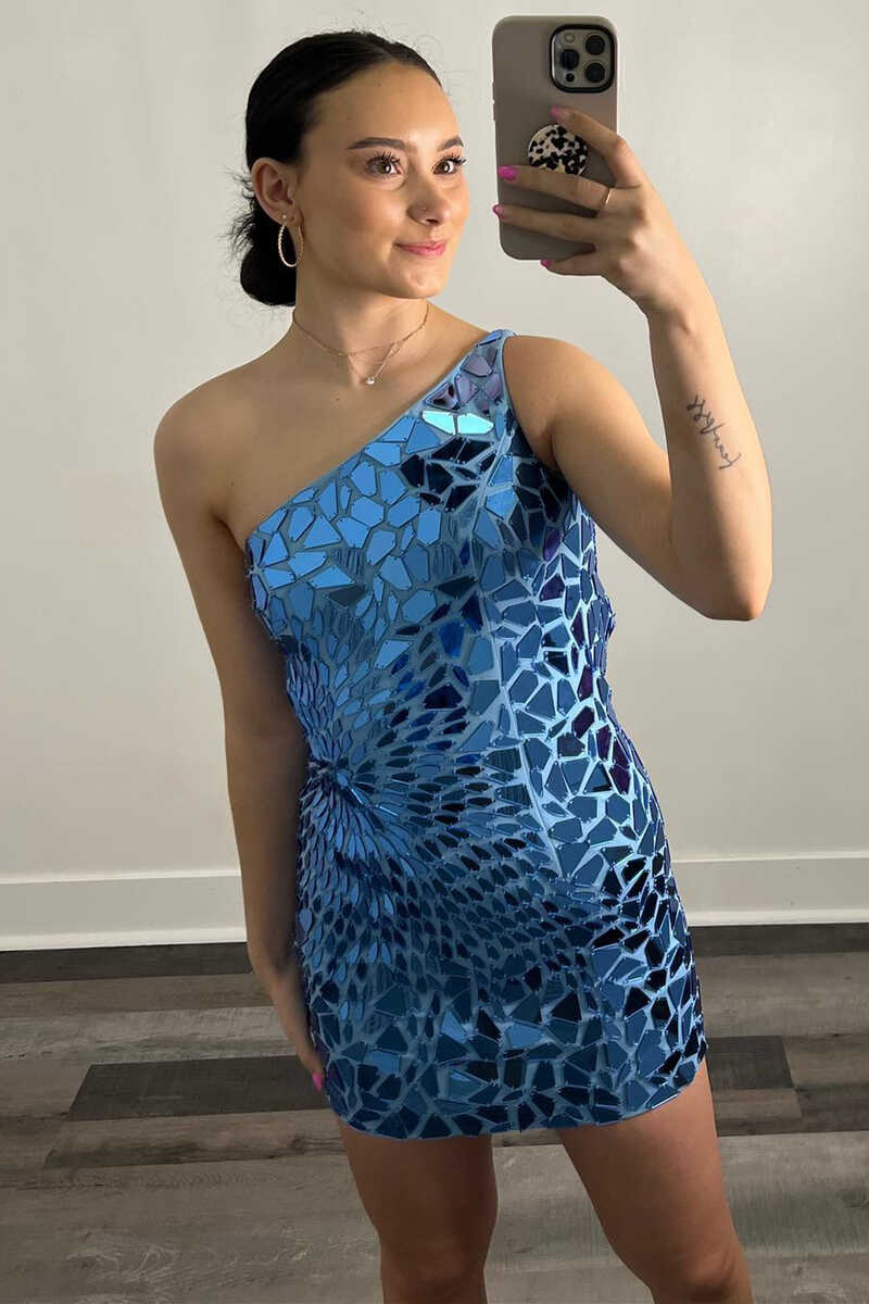 One-Shoulder Red Cut Glass Mirror Fitted Mini Homecoming Dress